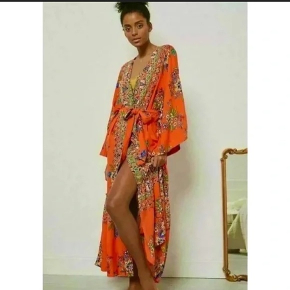 Anthropologie Emmanuelle Orange Floral Paisley Boho Belted Robe Cover Up S
